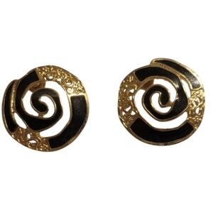 Vintage 80s Geometric Earrings Black Enamel Gold Accents